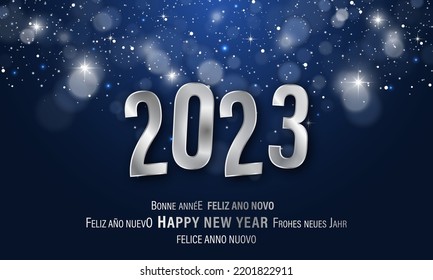 Abstract vector New Year glowing background with glitter, snow and 2023 title. 