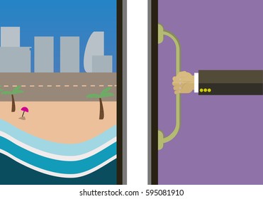 abstract vector next vacation time concept with businessman open the door