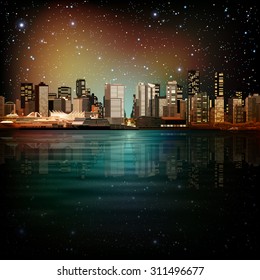 abstract vector night brown sky illustration with panorama of city