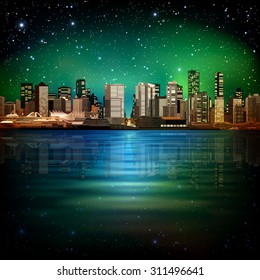 abstract vector night green sky illustration with panorama of city