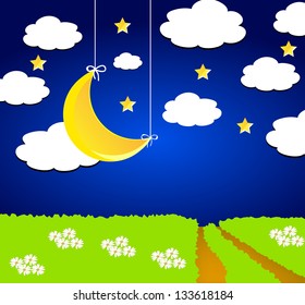 Abstract vector. Night scenery in summer landscape with moon, clouds, stars and meadow.