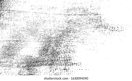 Abstract vector noise. Small particles of debris and dust. Distressed uneven background. Grunge texture overlay with rough and fine black particles isolated on white background. Vector illustration. 