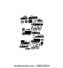 Abstract vector number 3 made from car icon - alphabet set