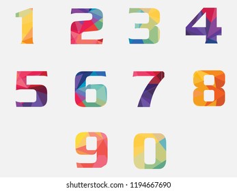 Abstract vector numbers in flat style for material design projects. Geometric concept symbols. Decorative figures. Arabic numerals 0, 1, 2, 3, 4, 5, 6, 7, 8, 9. Creative signs
