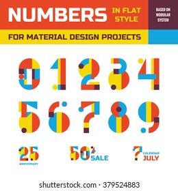 Abstract vector numbers in flat style for material design projects. Geometric concept symbols. Decorative figures. Arabic numerals 0, 1, 2, 3, 4, 5, 6, 7, 8, 9. Creative signs