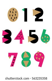 Abstract vector numbers in flat style for material design projects. Craft design. Geometric concept symbols. Decorative figures. Arabic numerals 0, 1, 2, 3, 4, 5, 6, 7, 8, 9. Creative signs