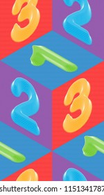 Abstract vector numbers seamless isometric moire pattern with lines