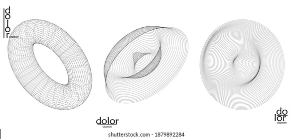 Abstract vector object set. Molecular grid texture of geometric wire frame shape. Technology computer science design element. 3D digital modeling. Optical art background.