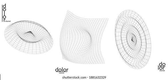 Abstract vector object set. Molecular grid texture of geometric wire frame shape. Technology computer science design element. 3D digital modeling. Optical art background.