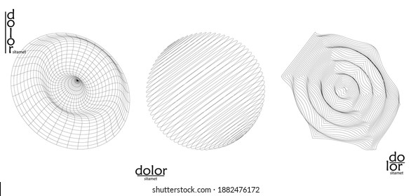 Abstract vector object set. Molecular grid texture of geometric wire frame shape. Technology computer science design element. 3D digital modeling. Optical art background.