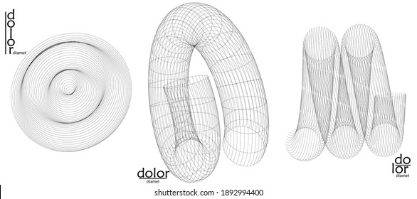 Abstract vector object set. Molecular grid texture of geometric wire frame shape. Technology computer science design element. 3D digital modeling. Optical art background.