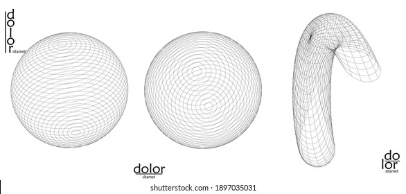 Abstract vector object set. Molecular grid texture of geometric wire frame shape. Technology computer science design element. 3D digital modeling. Optical art background.