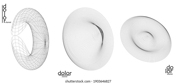 Abstract vector object set. Molecular grid texture of geometric wire frame shape. Technology computer science design element. 3D digital modeling. Optical art background.