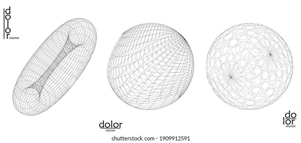 Abstract vector object set. Molecular grid texture of geometric wire frame shape. Technology computer science design element. 3D digital modeling. Optical art background.