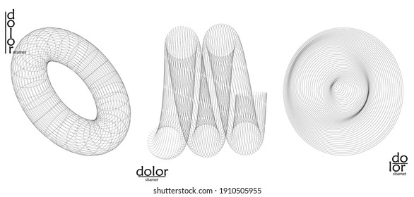 Abstract vector object set. Molecular grid texture of geometric wire frame shape. Technology computer science design element. 3D digital modeling. Optical art background.