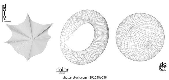 Abstract vector object set. Molecular grid texture of geometric wire frame shape. Technology computer science design element. 3D digital modeling. Optical art background.