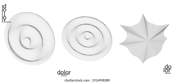 Abstract vector object set. Molecular grid texture of geometric wire frame shape. Technology computer science design element. 3D digital modeling. Optical art background.
