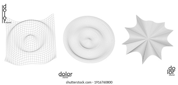 Abstract vector object set. Molecular grid texture of geometric wire frame shape. Technology computer science design element. 3D digital modeling. Optical art background.