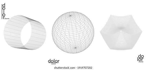 Abstract vector object set. Molecular grid texture of geometric wire frame shape. Technology computer science design element. 3D digital modeling. Optical art background.
