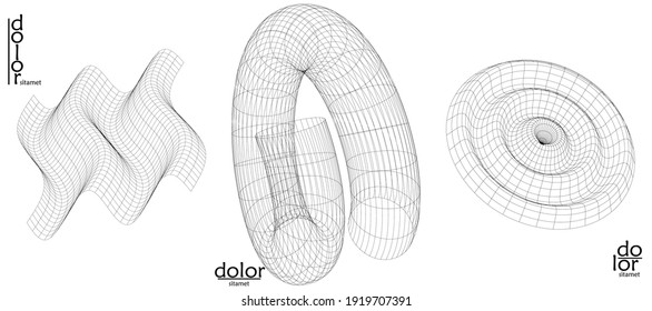 Abstract vector object set. Molecular grid texture of geometric wire frame shape. Technology computer science design element. 3D digital modeling. Optical art background.