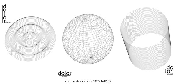 Abstract vector object set. Molecular grid texture of geometric wire frame shape. Technology computer science design element. 3D digital modeling. Optical art background.