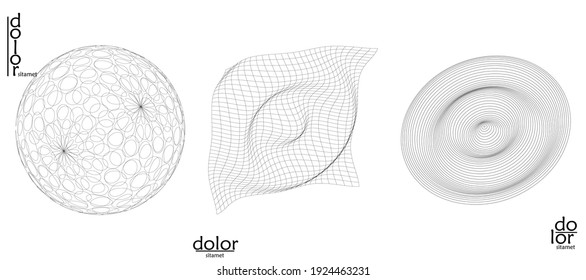 Abstract vector object set. Molecular grid texture of geometric wire frame shape. Technology computer science design element. 3D digital modeling. Optical art background.