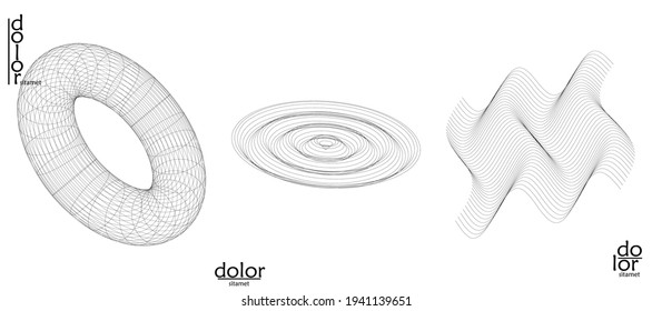 Abstract vector object set. Molecular grid texture of geometric wire frame shape. Technology computer science design element. 3D digital modeling. Optical art background.