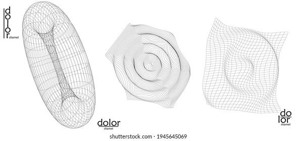 Abstract vector object set. Molecular grid texture of geometric wire frame shape. Technology computer science design element. 3D digital modeling. Optical art background.