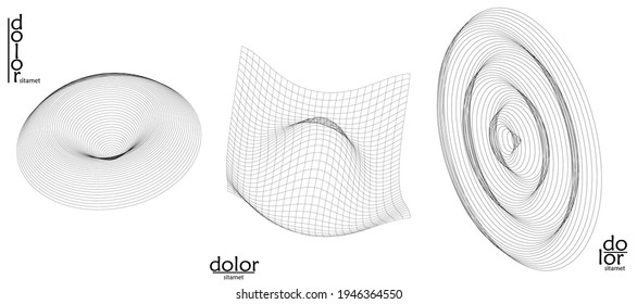 Abstract vector object set. Molecular grid texture of geometric wire frame shape. Technology computer science design element. 3D digital modeling. Optical art background.