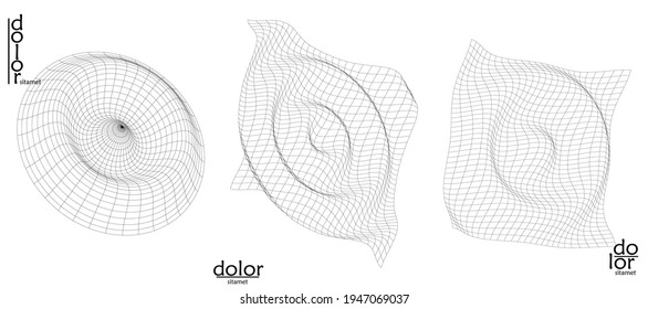 Abstract vector object set. Molecular grid texture of geometric wire frame shape. Technology computer science design element. 3D digital modeling. Optical art background.
