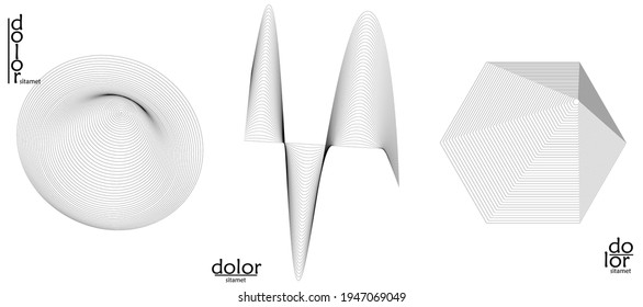 Abstract vector object set. Molecular grid texture of geometric wire frame shape. Technology computer science design element. 3D digital modeling. Optical art background.