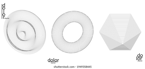 Abstract vector object set. Molecular grid texture of geometric wire frame shape. Technology computer science design element. 3D digital modeling. Optical art background.