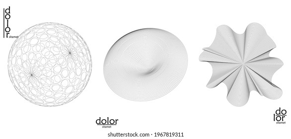 Abstract vector object set. Molecular grid texture of geometric wire frame shape. Technology computer science design element. 3D digital modeling. Optical art background.