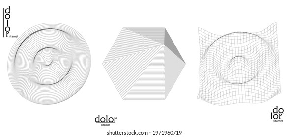 Abstract vector object set. Molecular grid texture of geometric wire frame shape. Technology computer science design element. 3D digital modeling. Optical art background.