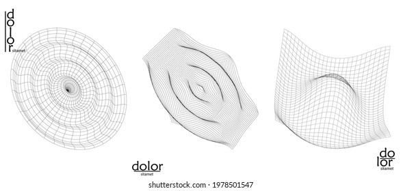 Abstract vector object set. Molecular grid texture of geometric wire frame shape. Technology computer science design element. 3D digital modeling. Optical art background.