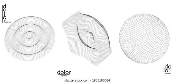 Abstract vector object set. Molecular grid texture of geometric wire frame shape. Technology computer science design element. 3D digital modeling. Optical art background.