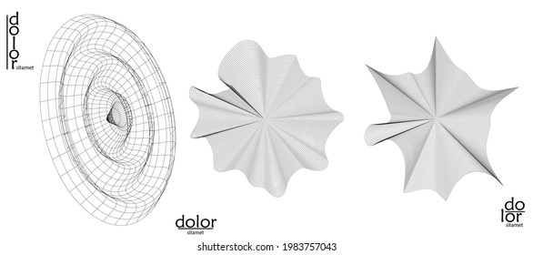 Abstract vector object set. Molecular grid texture of geometric wire frame shape. Technology computer science design element. 3D digital modeling. Optical art background.