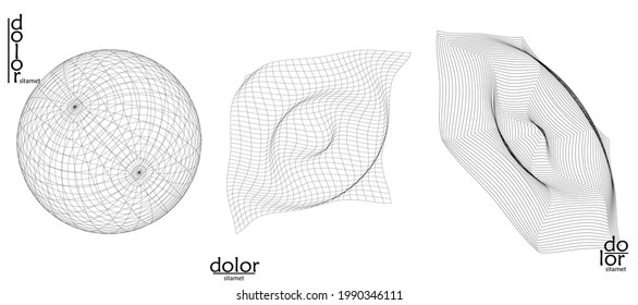 Abstract vector object set. Molecular grid texture of geometric wire frame shape. Technology computer science design element. 3D digital modeling. Optical art background.