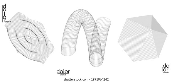 Abstract vector object set. Molecular grid texture of geometric wire frame shape. Technology computer science design element. 3D digital modeling. Optical art background.