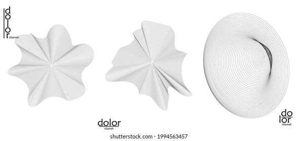 Abstract vector object set. Molecular grid texture of geometric wire frame shape. Technology computer science design element. 3D digital modeling. Optical art background.