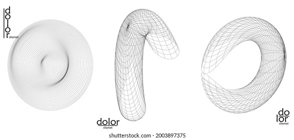 Abstract vector object set. Molecular grid texture of geometric wire frame shape. Technology computer science design element. 3D digital modeling. Optical art background.