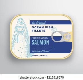 Abstract Vector Ocean Fish Fillets Aluminium Container with Label Cover. Premium Canned Packaging Design. Retro Typography and Hand Drawn Salmon Silhouette Background Layout. Isolated.