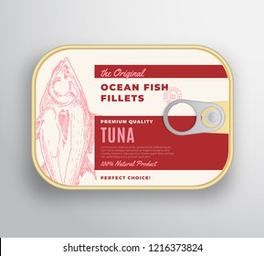 Abstrakter Vektor Ocean Fish Filets Aluminium Container mit Label Cover. Premium-Verpackungsdesign in Dosen. Retro Typografie und handgezeichnete Thunfische Silhouette Hintergrund Layout. Einzeln.