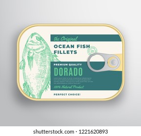 Abstract Vector Ocean Fish Fillets Aluminium Container with Label Cover. Premium Canned Packaging Design. Retro Typography and Hand Drawn Dorado Silhouette Background Layout. Isolated.