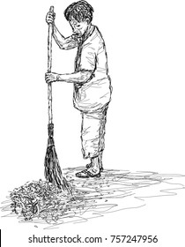 Abstract vector of old woman with broom, woman sweeping dried leaves on the floor with local nature broom on white background