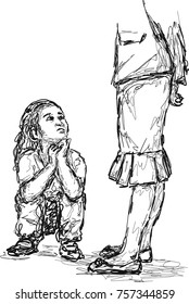 Abstract vector of One woman or mother and little girl dispute conflict in silhouette indoors isolated on white background, Couple relationship difficulty