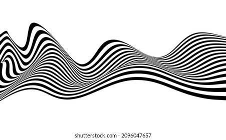 Abstract vector optical art illustration of black and white wave stripes isolated on background.