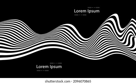 Resumen de ilustraciones de arte óptico vectorial de rayas de onda en blanco y negro aisladas en el fondo negro.