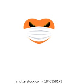 Abstract vector orange cute mini heart in halloween cartoon character wearing surgical  face mask