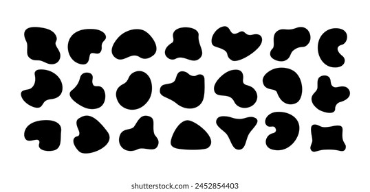 Abstract vector organic cow pattern shapes. Liquid amoeba free form elements set. Collection of 21 black irregular cutout pebble shape silhouettes isolated on transparent background. Freeform blob kit